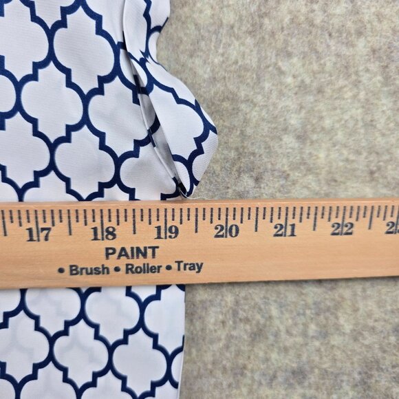 Express Womens Blue White Patterned Zipper Front Cap Sleeve Blouse Size M - Picture 7 of 7